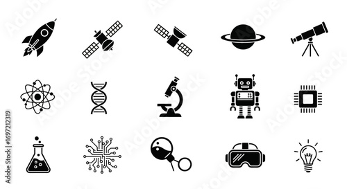 A comprehensive collection of black and white glyph icons representing key concepts in science, technology, and space exploration