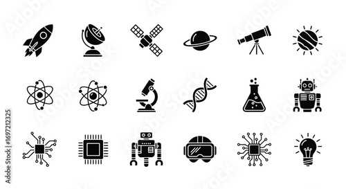 Collection of science and technology glyph icons. A versatile set of symbols for research, innovation, and space exploration