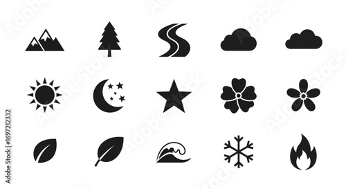 Collection of flat black glyph icons representing nature, weather, and the four elements. A versatile set of simple symbols for various design projects