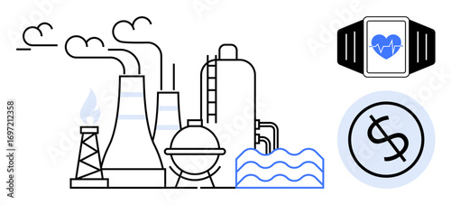 Factory emitting smoke, smartwatch monitoring health, dollar coin symbolizing economic impact. Ideal for environment, energy, health, economy, technology sustainability and pollution. Simple flat