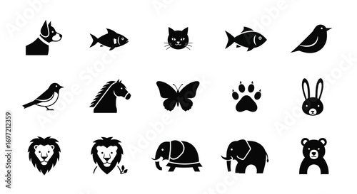 A diverse collection of animal vector icons. This minimalist set features stylized symbols of pets and wild creatures