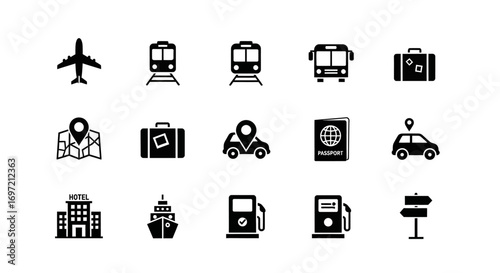A versatile set of solid black glyph icons representing travel, tourism, and transportation essentials for graphic design