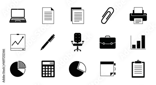 A versatile collection of flat design business and office icons. Vector graphic set of work symbols for corporate projects and data visualization
