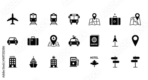A comprehensive set of solid black glyph icons representing travel, transportation, and navigation for web or application design