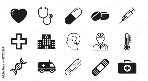 Comprehensive set of black and white medical icons representing healthcare, emergency services, and scientific concepts