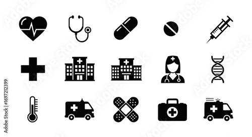 Set of essential black and white medical icons for healthcare and emergency services, featuring hospital, first aid, and diagnostic tool symbols