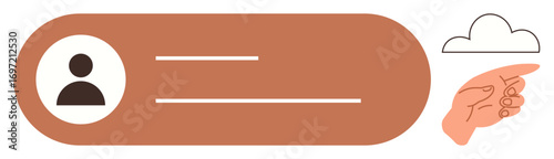 User profile card with avatar, placeholders for text info, a hand pointing towards a cloud. Ideal for profile management, digital identity, networking, cloud storage, user interface, tech tutorials