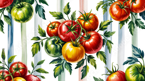 Watercolor tomatoes vegetables pattern white background vertical light blue stripes