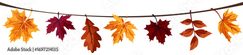 Autumn leaves hanging on a string. Decorative garland with brown and yellow fall leaves. Vector illustration
