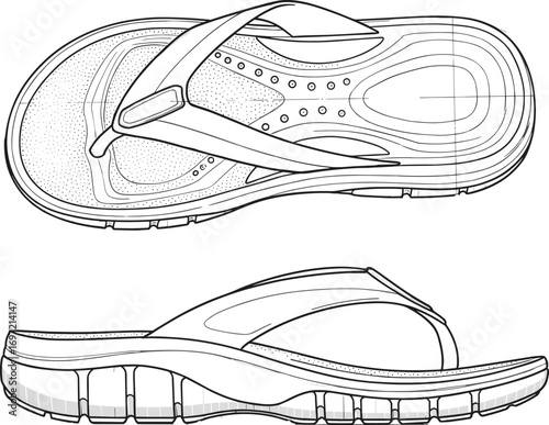 Flip-flop sandal, ergonomic design, top view, side view, footwear illustration, technical drawing, sole texture, strap detail, summer wear, product concept