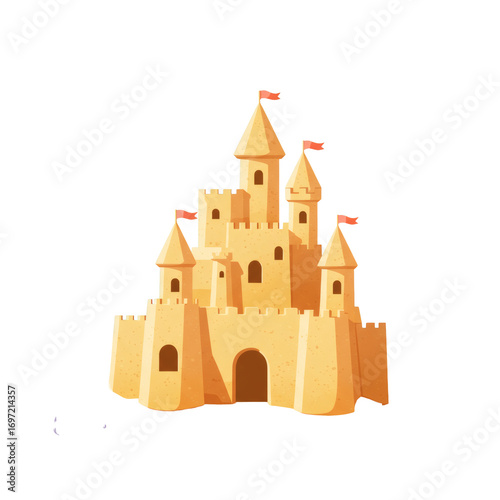 Textured Sandcastle Illustration with Multiple Towers Crenellated Walls Arched Openings and Red Flags.