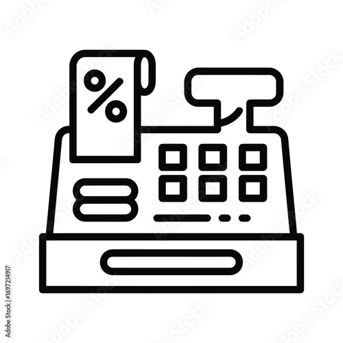 Simple line art icon of a vintage cash register with receipt
