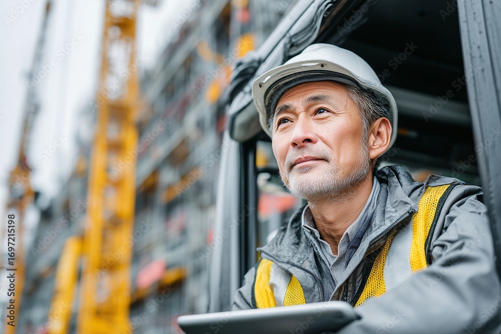 Fototapeta premium Asian construction worker wearing hard hat and reflective vest looking out from vehicle window at construction site with heavy equipment in background