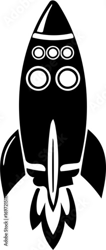 vector illustration of Black and White Rocket Icon with Flame Design, isolated on white