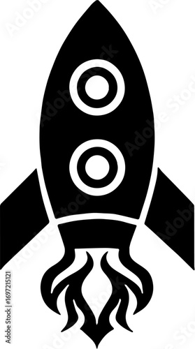 vector illustration of Black and White Rocket Icon with Flame Design, isolated on white