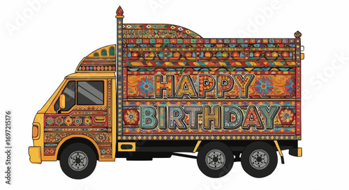 Happy birthday truck art design vector illustration, decorated truck, pakistani truck art, colorful truck design vector