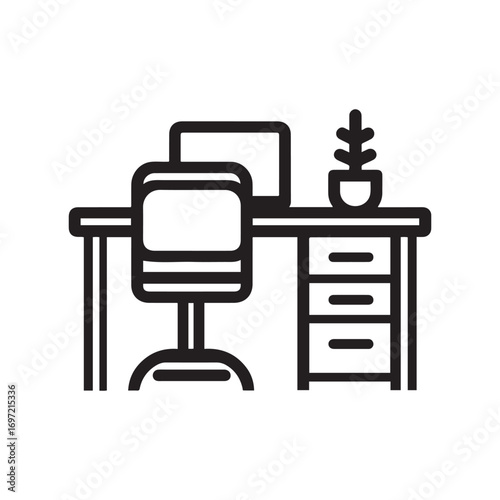Office Setup Icon Desk, Computer, Chair, and Plant