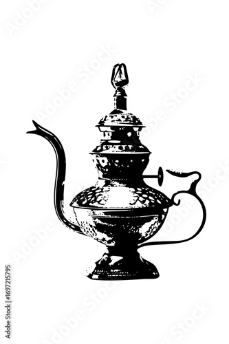 Vector Ornate metal teapot with a curved spout and decorative finial.