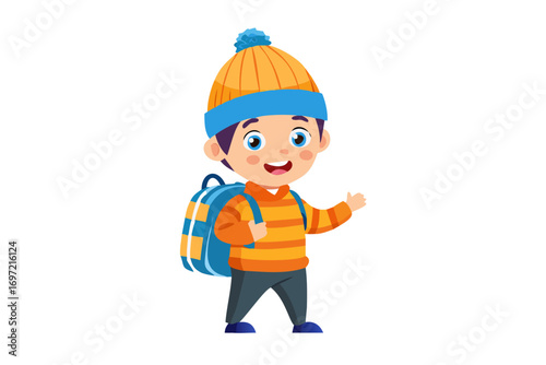 Happy schoolboy with backpack in winter hat – vector illustration