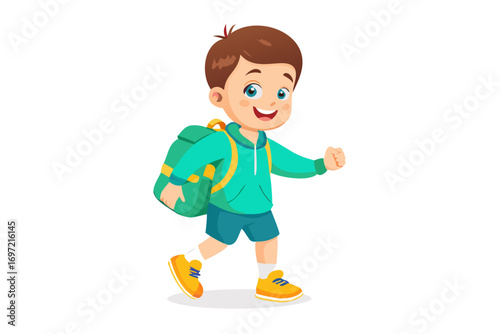 Happy schoolboy walking with backpack – cute vector illustration
