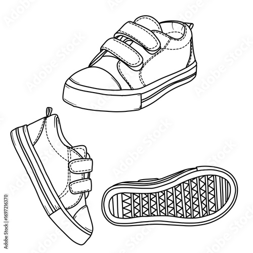Multiple perspectives of a childs casual shoe, including top view, side view, and sole view. The shoes are depicted in a technical drawing style line art, suitable for design purposes.