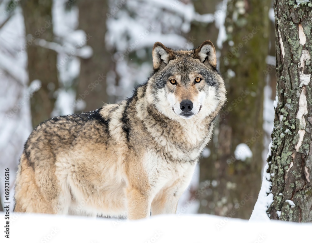 Obraz premium Gray wolf in snowy forest (1)