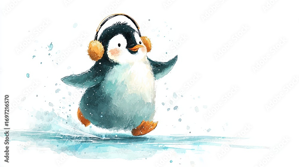 Obraz premium A cute penguin wearing earmuffs joyfully waddles across an icy landscape, creating a playful and whimsical scene.