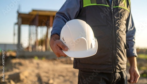 Construction worker holding a safety helmet outdoors