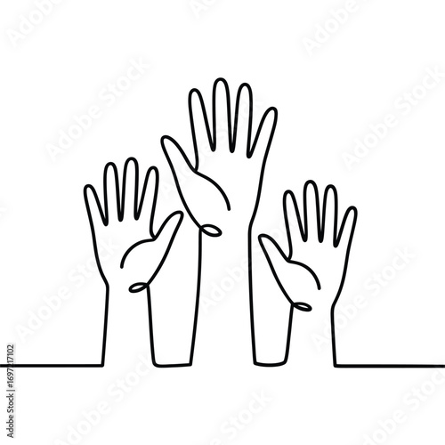 Continuous line drawing of three raised hands