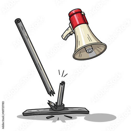 Cartoon depiction of protest imagery featuring a broken sign and megaphone representing dissent