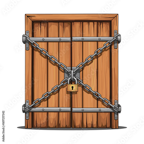 Vintage Wooden Door Secured with Metal Chains and Padlock For Safety Storage