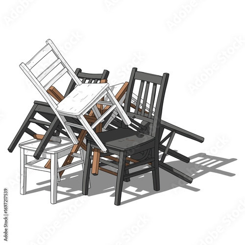 Stacked Wooden Chairs Illustration for Design Projects and Interior Decor Concepts