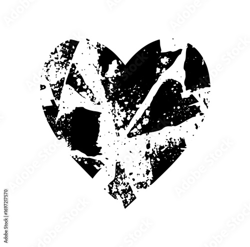 Vector Shattered black heart with distressed texture.