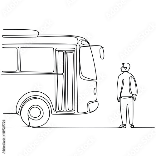 Person standing next to a line drawing of a bus