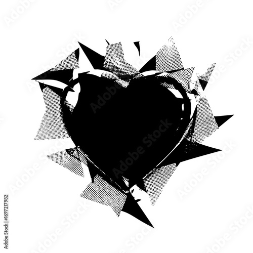Vector Dramatic shattered heart with halftone texture.