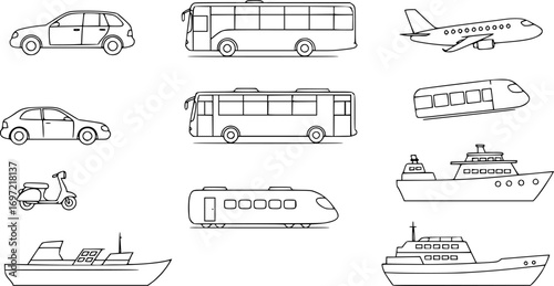 Diverse Transportation Modes , A Visual Guide to Vehicles Cars, Buses, Trains, Planes, Scooters, and Ships
