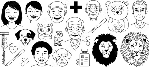 Diverse Human and Animal Faces, Emotions, and Medical Symbols A Conceptual Exploration of Life, Health, and Identity
