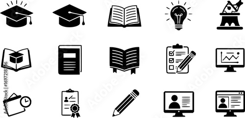 Education Icons Set Graduation Cap, Open Book, Checklist, Lightbulb, Pencil, and Online Learning Screen Representing Knowledge and Study

