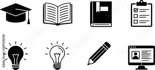 Education Icons Set Graduation Cap, Open Book, Checklist, Lightbulb, Pencil, and Online Learning Screen Representing Knowledge and Study
