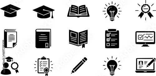 Education Icons Set Graduation Cap, Open Book, Checklist, Lightbulb, Pencil, and Online Learning Screen Representing Knowledge and Study
