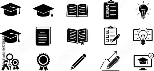 Education Icons Set Graduation Cap, Open Book, Checklist, Lightbulb, Pencil, and Online Learning Screen Representing Knowledge and Study
