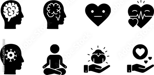 Modern mental wellness icon set, representing mind, mindfulness, emotion, and compassionate support for digital health.
