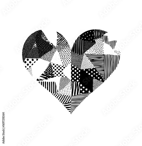 Vector Abstract heart composed of patterned geometric shapes.