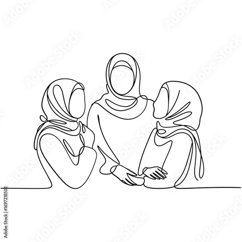 Three women in hijabs connected by a single continuous line