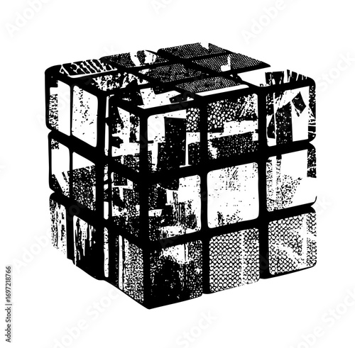 Vector Abstract geometric cube with distressed texture.