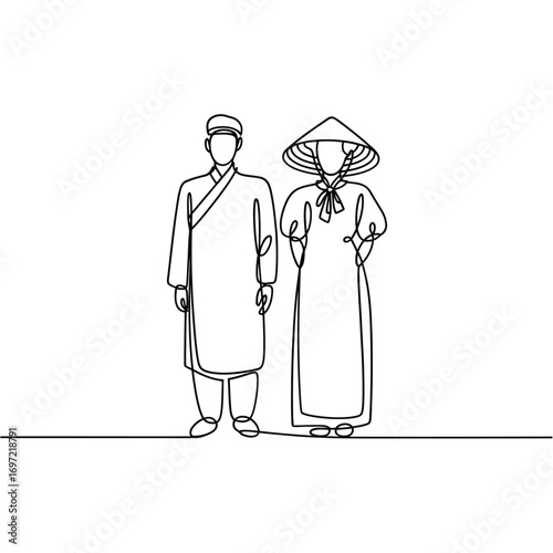 Couple in traditional vietnamese ao dai and non la hat