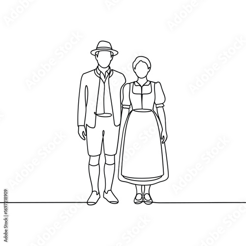 Line drawing of a couple in traditional bavarian clothing