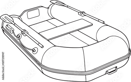 Vector line drawing of an inflatable dinghy raft with oars for water sports