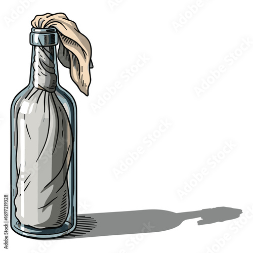 Illustration of a Handcrafted Glass Bottle with Cloth Fuse and Long Shadow Artwork