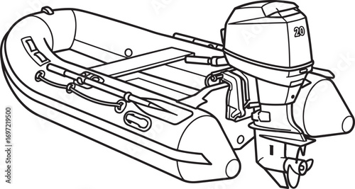 Minimalist outline of a motorized inflatable boat with oars and a 20-horsepower engine